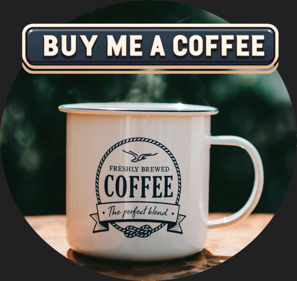 Buy me a Coffee image with a metal coffee cup and a nostalgic metal sign